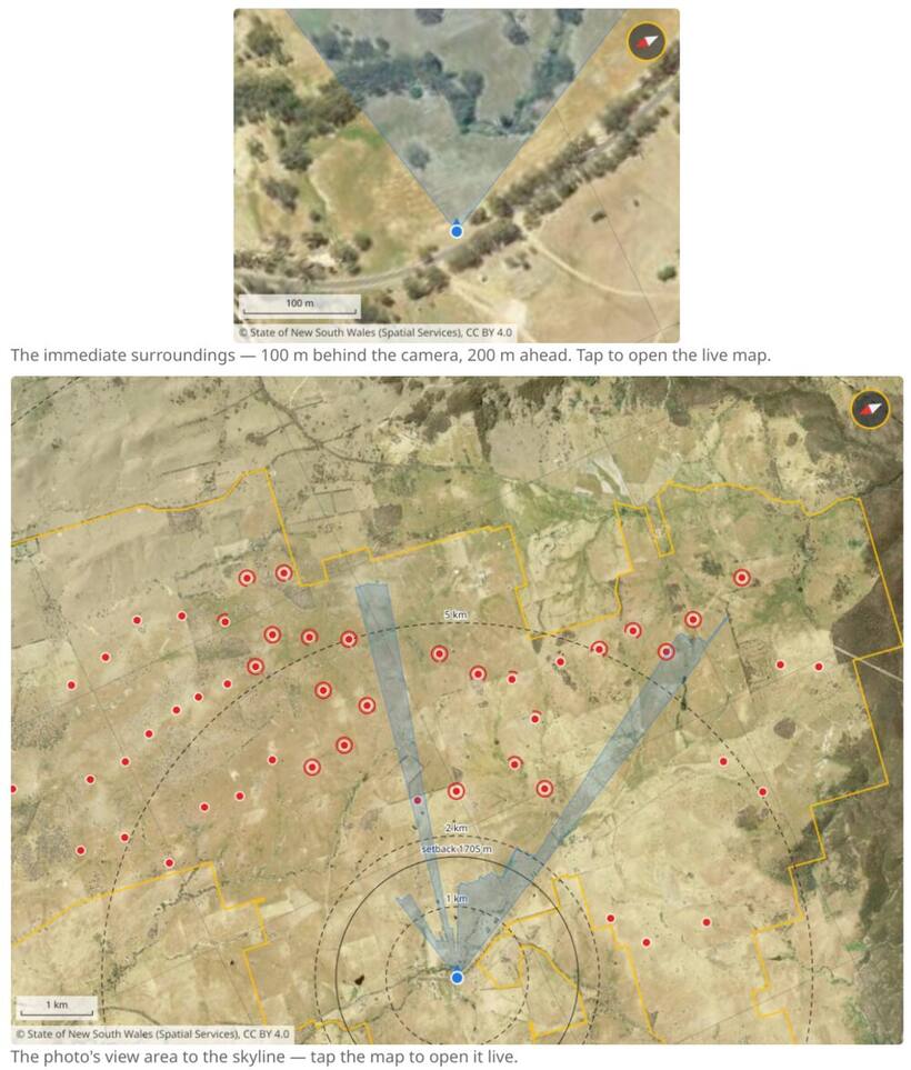 The two maps
        under a capture: a close-up of the immediate surroundings, and the
        site map with the photo's view area fanning out across the layout