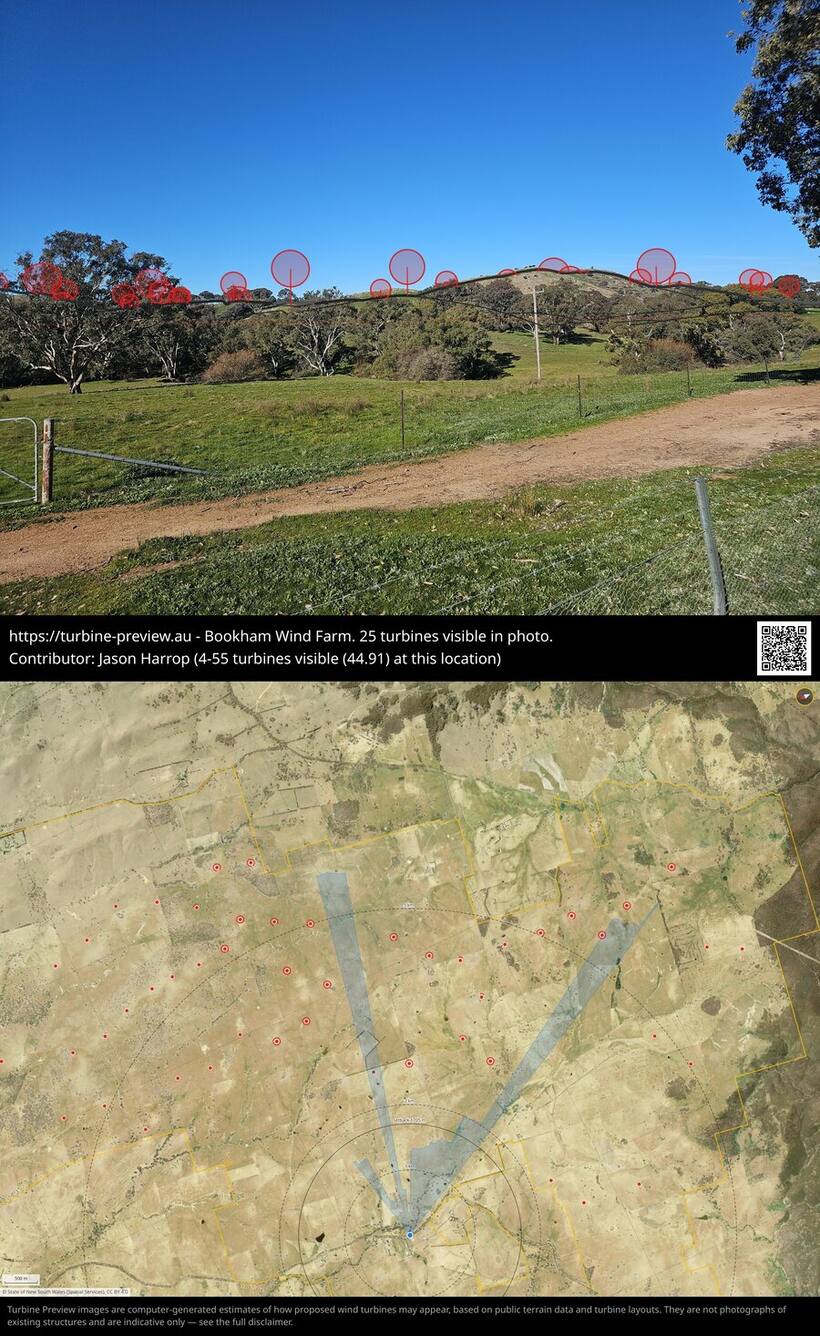 An exported image: the
        photo with overlay, a caption band with a QR code, the site map,
        and the disclaimer strip